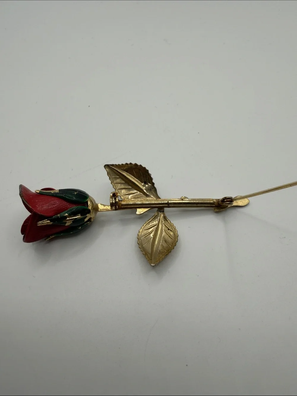 Vintage Style Red Rose Brooch Gold Tone Green Enamel Long Stem Floral Pin